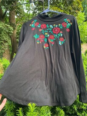 Black Loft Long-Bell Sleeve Top with Red Floral Embroidery